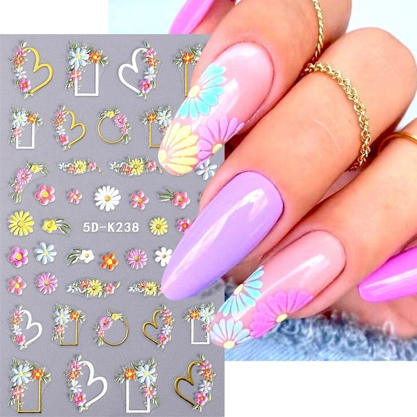 5D Embossed Nail Sticker Geometric Wildflower Daisy Flower DIY French Decals Slider Engraved Adhesive Nail Decorations Manicure