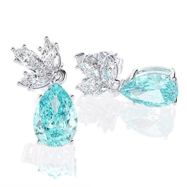 Boucles d'oreilles pendantes en forme de goutte d'eau avec pendentif en aigue-marine plaqué argent et cristal pour femme, bijoux de fête de mariage