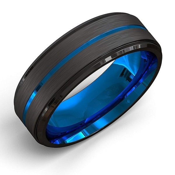 Men's fashion 8MM Black Brushed Ladder Edge Tungsten Ring Blue Groove Men Wedding Ring Gifts For Men