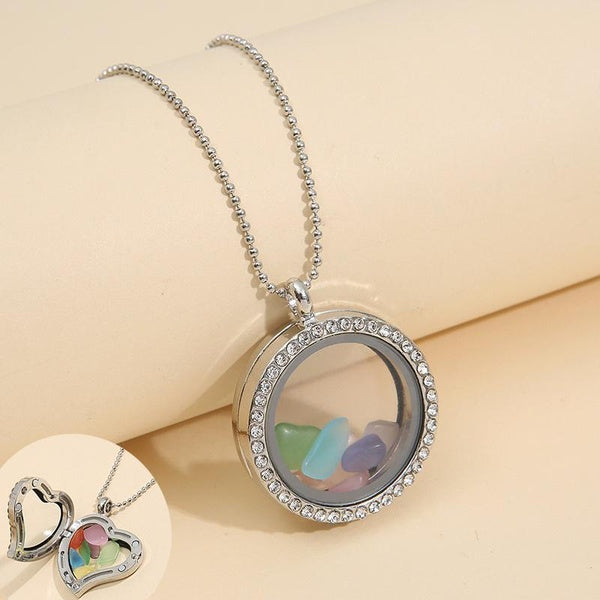 Diamond heart-shaped necklace round necklace can open DIY photo frame colored stone pendant jewelry female clavicle chain female