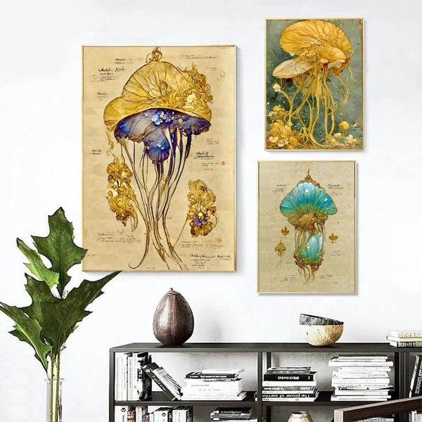 Vintage Floral Jellyfish Wall Art Poster Prints Gemstone Jellyfish Wall Art,Retro Crystal Jellyfish Artwork Printing Posters Wall Decor, Watercolor J