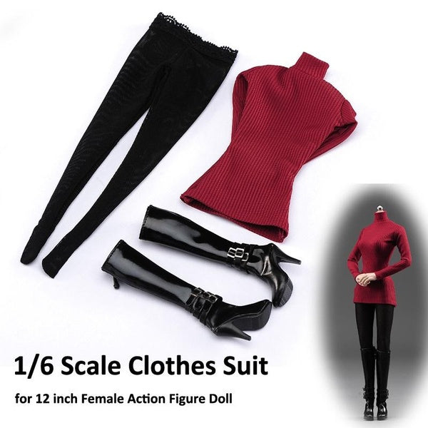 1-6 Scale Clothes Suit Red Sweater & Black Tights Pants & Black High Boots for 12 inch Female Action Figure Doll