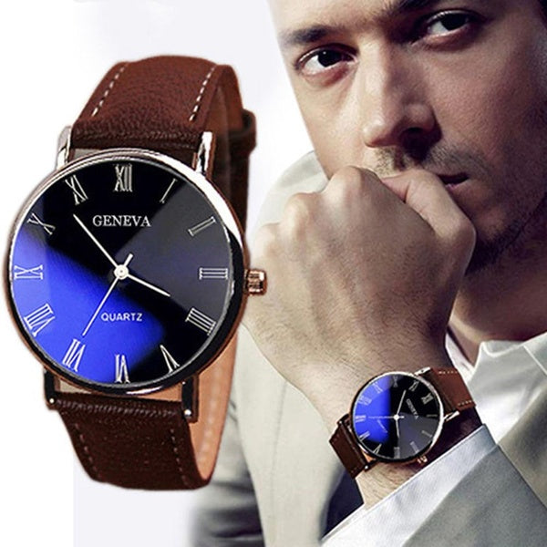 Men Watch Roman Numerals Blu-Ray Faux Leather Band Quartz Analog Business WristWatch