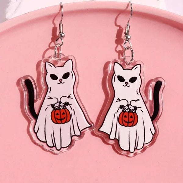 1 paire de boucles d'oreilles pendantes en forme de chat mignon et de fantôme, style de loisirs simple, bijoux en alliage créatifs, ornements d'oreil