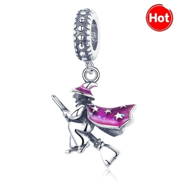 European 925 Silver Plated Magic Witch Pendant Charms Fit Women's Fashion Bracelet Necklace DIY Jewelry Making Halloween Gift