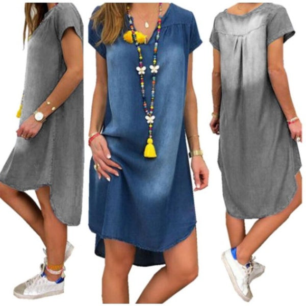 Ladies Short Sleeve Summer Loose Midi Casual Dress Women Jeans Beach Dresses