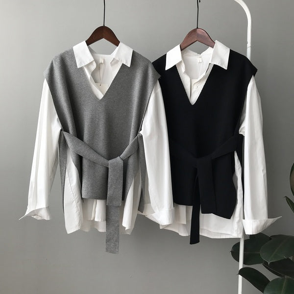 Autumn New V-neck Knitted Vest Women's Lace-up Pullover Outerwear Sleeveless Sweater Vest Tops