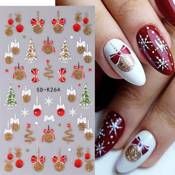5D Embossed Nail Art Stickers Bell Snowflake Bow Engraved Slider Christmas Tree Cute Bear Candy Gel Polish Decals Manicure Decor