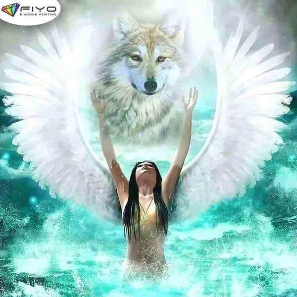FIYO Beauty Angel and Wolf Diamond Painting Kits For Adults DIY 5D Diamond Mosaic Diamond Painting Home and Kitchen Fashion Canvas Pictures Wall Deco