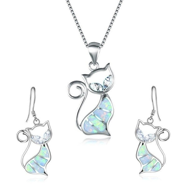 5 colors Jewelry Sets Fashion Cute Austria Crystal Opal Cat Pendant Necklace Animal Dangle Hook Earrings Sets for Women Femme Choker Jewelry