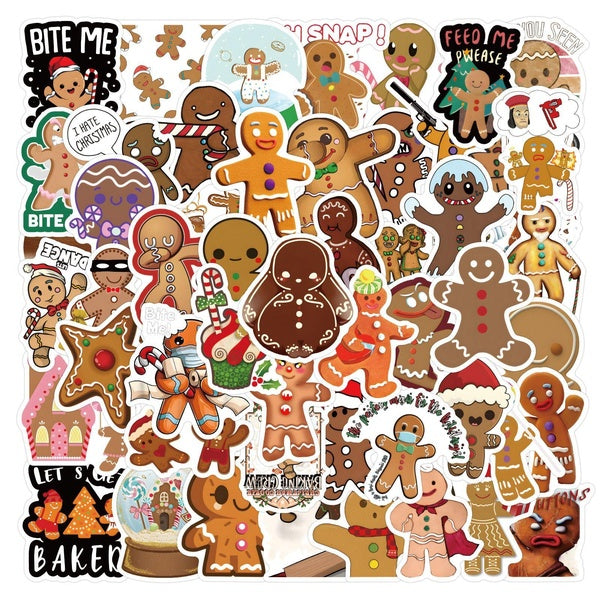 10-60pcs Cute Christmas Stickers Cartoon Gingerbread Man Stickers for DIY Luggage Laptop Skateboard Motorcycle Bicycle Stickers