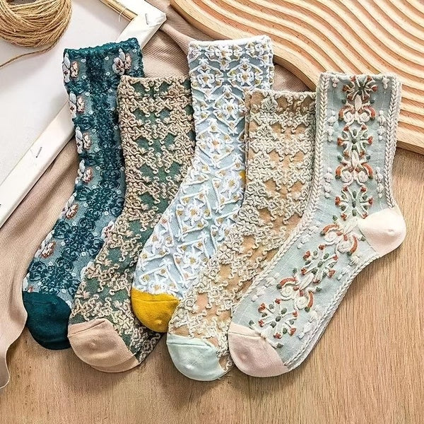 5pairs-Set Courtly Style Retro Floral Socks Women Spring Autumn Flower Geometric 3D Textured Cotton Blend Cottagecore Socks