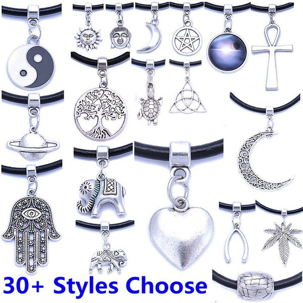 Black PU Leather Cord Charm Choker Necklace Pendant Tibetan Silver For Women