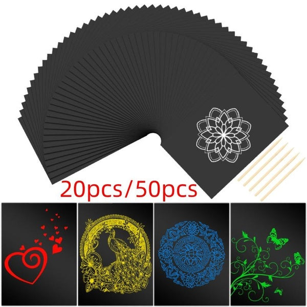 20pcs-50pcs Scratch Paper Art Set Kids Craft Kits Scratch Off Paper Black Coated Scratchboard Black Scratch Notes with Wooden Stylus for DIY Drawing