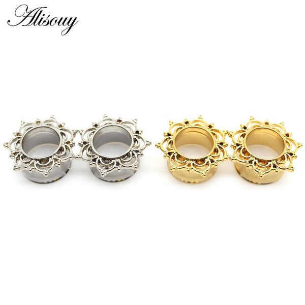 Alisouy 2 pièces cuivre laiton acier inoxydable fleur bouchons d'oreille Tunnel extenseurs civière jauges chair Piercing boucle d'oreille bijoux de c