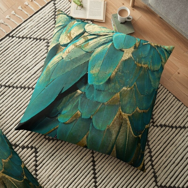 Feather Glitter Teal and Gold Throw Pillow Cover