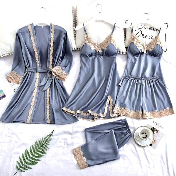 5 PCS Pj Women Satin Pajamas Set Polyster Fabric Pj Night SleepWear Lounge Wear Pjamas