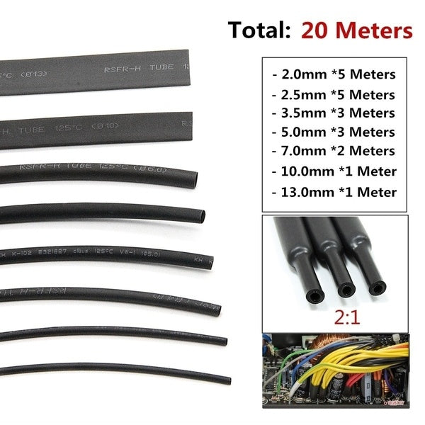 20 Meters Black Glue Weatherproof Heat Shrink Sleeving Tubing Tube Assortment Kit 2-2-3.5-5-7-10-13mm