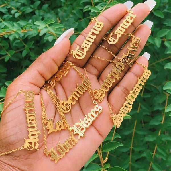 Old English Zodiac Sign 12 Constellation Pendant Necklace Femme Charm Choker Necklace for Women Birthday Jewelry Gift