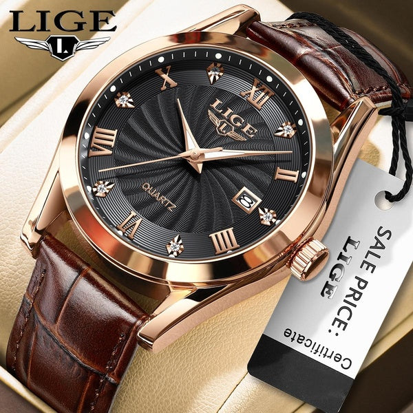 LIGE 2024 Nouvelle montre pour hommes de mode montre analogique à quartz de luxe de marque supérieure avec bracelet en cuir, design rétro étanche et