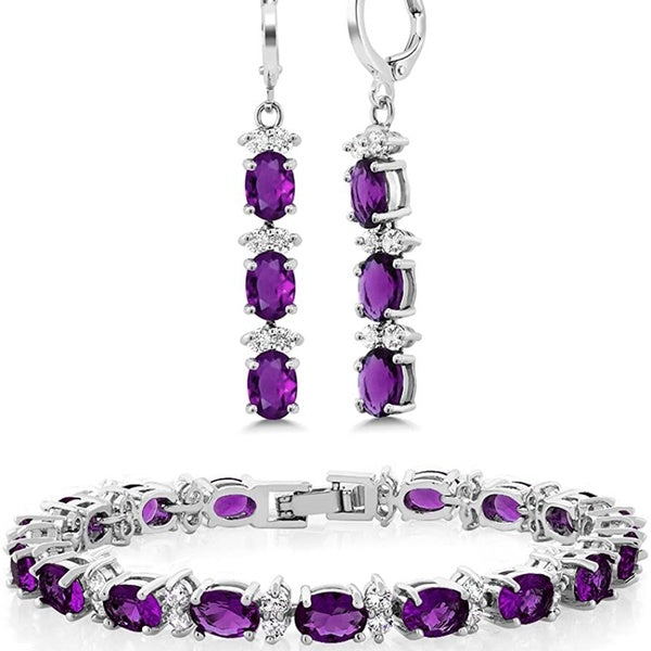 7 pouces émeraude améthyste rubis saphir et bracelet de tennis blanc serti de boucles d'oreilles pendantes ovales assorties de 2 pouces pour les femm
