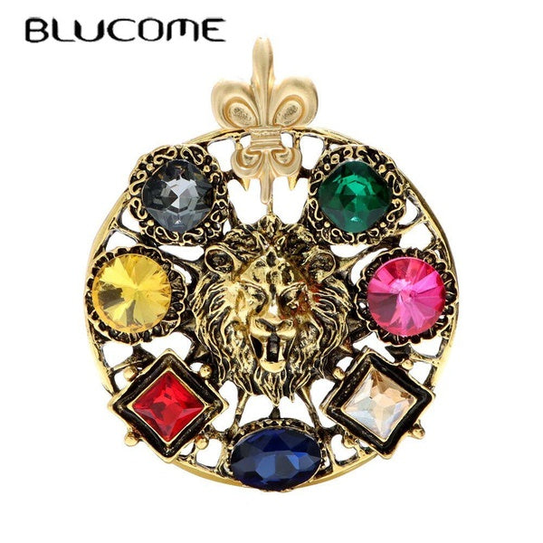 Blucome Crystal Lion Brooches For Women Round King Style Pin Animal Fashiopn Jewelry Winter Coat Jacket Accessories Party Matron Inn