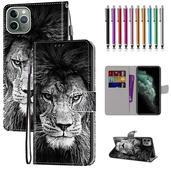 Étui portefeuille en cuir PU [fonction support] avec dragonne et [3 emplacements] poche pour cartes d'identité et cartes de crédit avec stylet pour i