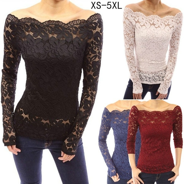 Plus Size Women's Lace Crochet Blouses Shirts Long Sleeve Off Shoulder Tops(XS-5XL)