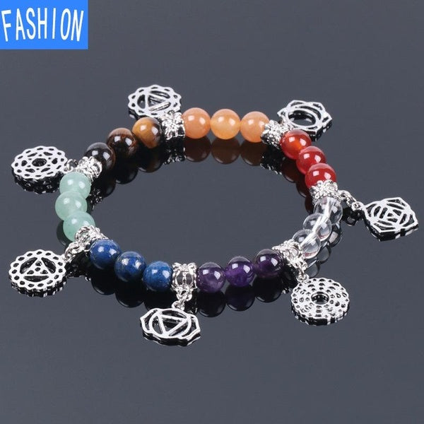 Bracelet à breloques en cristal naturel avec perles colorées de 8 mm Chakra Healing Yoga Symbol