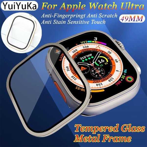 YuiYuKa Tempered Glass with Metal Frame Screen Protector for Apple Watch Ultra 49mm Bumper Aluminum Alloy Frame Accessories Anti-Scratch HD Full Film