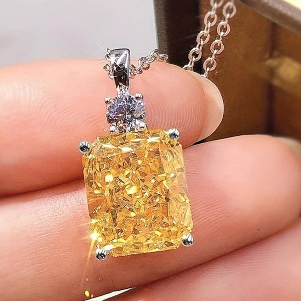 Collier pendentif tendance en pierre précieuse jaune synthétique artificielle à coupe carrée pour femme, bijoux de fête décontractés au quotidien