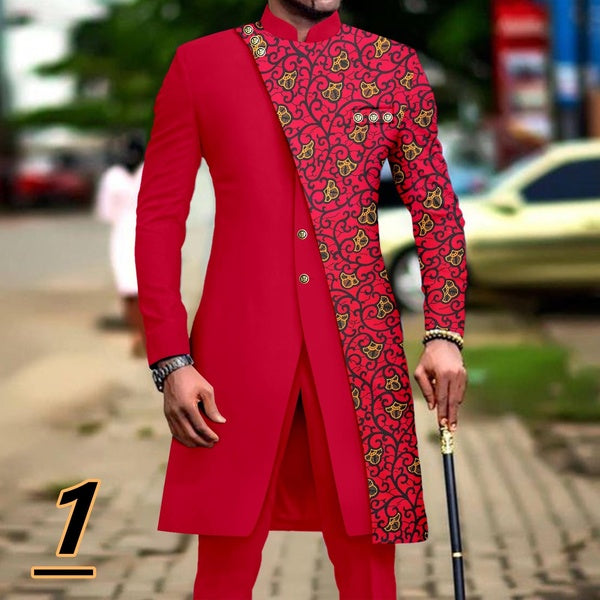 African Suits for Men Slim Fit Single Breasted Print Blazer and Pants Set Business Dress Suit Party Wedding Evening