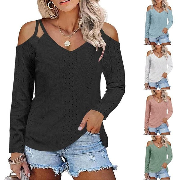 Women's Casual Double Shoulder T-shirts Fashion V Neck Long Sleeve Blouses Ladies Off Shoulder Hollow Out Blouses T-shirts Autumn Winter
