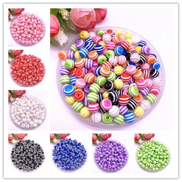 6-8-10-12mm Round Resin Beads Stripe Spacer Beads for Jewelry Making Children Handcraft Department DIY Bracelet Accessories Matron Inn
