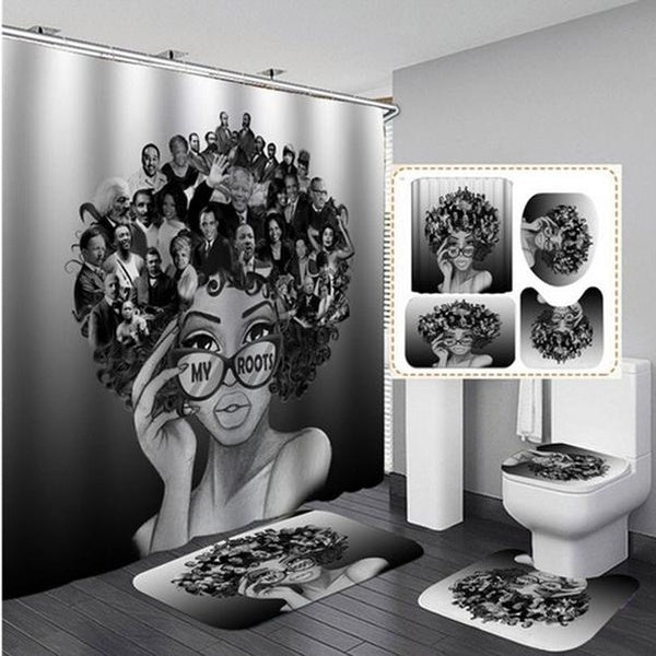 African American Black 3D Printed Waterproof Fabric Bathroom Curtain Shower Curtains Set Anti-skid Rugs Toilet Lid Cover Bath Mat H01