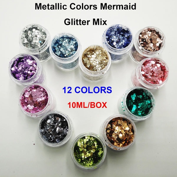 12 Colors 10ML BOX Metallic Luster Mermaid Nail Glitter Mix Hexagon Chunky Glitter Paillette Shape for Nail Art Body Makeup Craft Facepainting DIY
