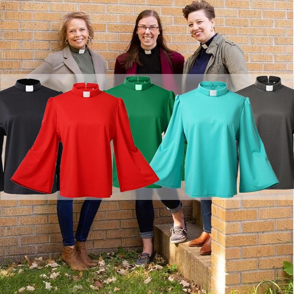 Women's Clergy Shirt Swing Long Sleeve Regular Blouse with Tab Collar Normal Blouse for Minister