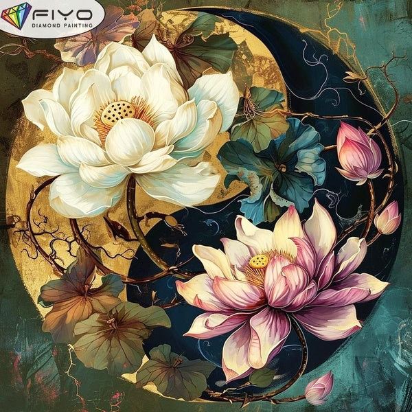 FIYO DIY 5D Lotus Flower Diamond Painting Full Drill with Number Kits Home and Kitchen Fashion Mosaic Diamond Painting Canvas Wall Decoration Gift Cr