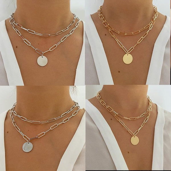 Silver- Gold Paperclip Chain Link Necklace, Round Disc Pendant Paperclip Link Chain Necklaces Dainty Choker Necklaces for Women Girls Fashion Accesso