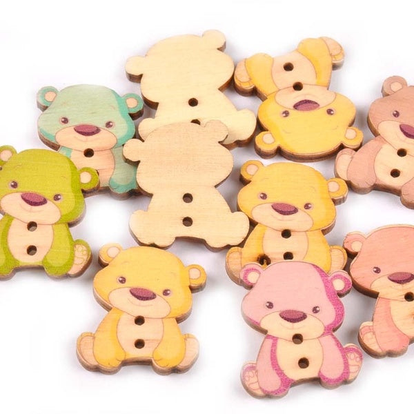 50 pièces vêtements fournitures de couture boutons en bois peint motif ours mignon flatback bricolage bouton décoratif pour l'artisanat 23x27mm M0967
