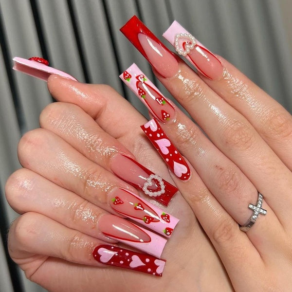 24Pcs Long Square Press on Nails Pink Love Heart Design Pearl Strawberries False Nails French Wearable Red Lipstick Valentine's Day Full Cover Fake N