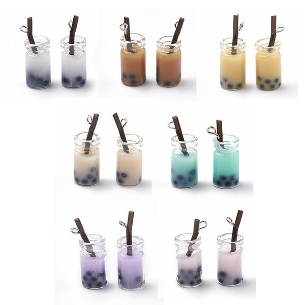 10pcs Mixed Color Glass Bottle Pendants with Resin Inside Imitation Bubble Tea Earrings Charms for DIY Jewelry Craft Making