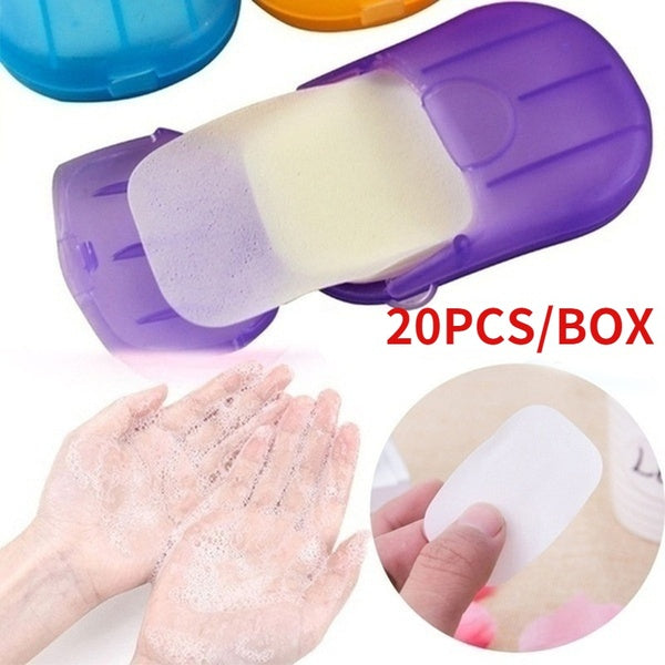 20 Pieces Container Soap Papers Scented Foaming Mini Paper Soap Portable Disposable Soluble Soap Flakes with Storage Box for Outdoor Travel