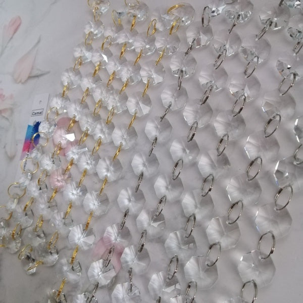 Camal 200cm-6.6ft (Chrome-Gold Ring) Clear 14mm Crystal Octagonal Bead Chain Garland Chandelier Lamp Part Curtain Craft Ornament