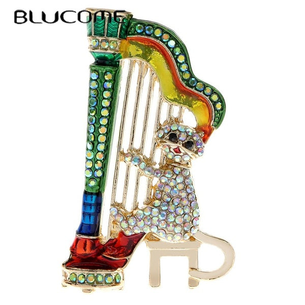Blucome Playing Harp Cat Brooch Cute Funny Cartoon Pin Animal Design Jewelry Musical Instruments Accessories Matron Inn