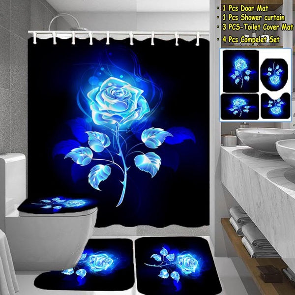 3D Shiny Blue Rose Flower Shower Curtain Bathroom Set Waterproof Shower Curtain + Lid Toilet Mats Set + Anti-Slip Carpet Bathroom Decor Set