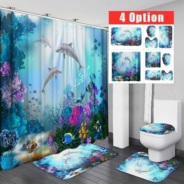 4-3-1 Pcs 3D Printing Bathroom Set Romantic Underwater World Waterproof Bathroom Dolphin Shower Curtain Toilet Cover Mat Non-Slip Floor Mat Rugs Set