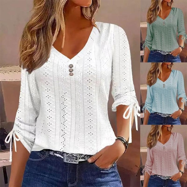 Women's Long Sleeve V-neck Loose Comfortable Lace Floral Printed Shirts Casual Blouses Fashion Plus Size Tops