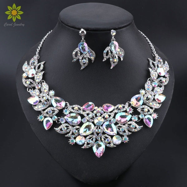 Bridal Jewelry Sets Wedding Costume Silver Plated Necklace Earrings Sets Crystal Set of jewellery for Brides Women