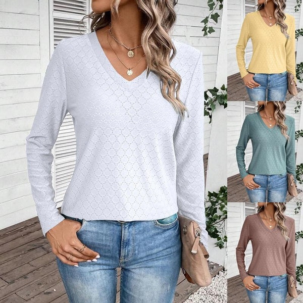 Women's Autumn Winter V Neck Long Sleeve Blouses Ladies Fashion Casual Loose T-shirts Solid Color Shirts
